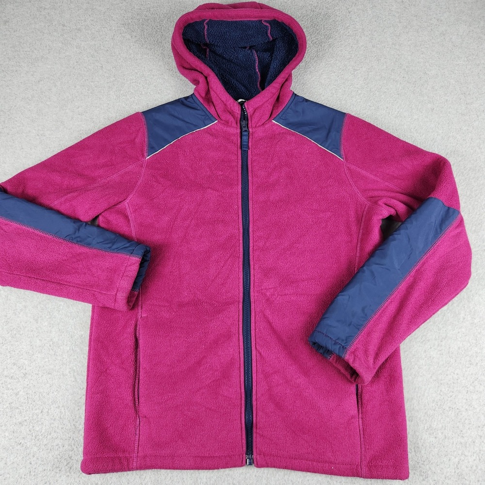 Lands' End Hoodie Women L 14-16 Pink Navy Fleece Warm Colorblock Sporty Full Zip
